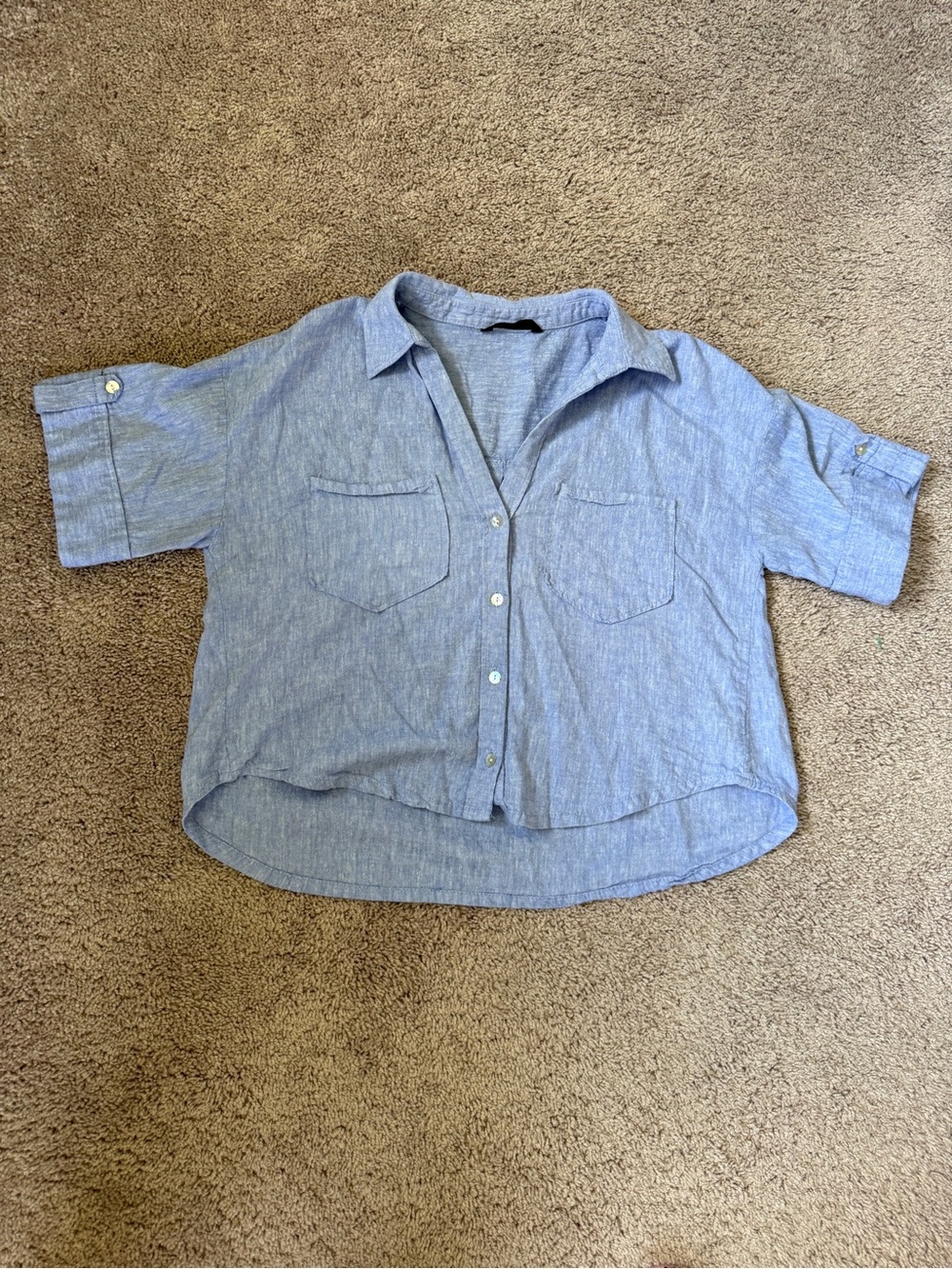 Zara cropped Light Blue Linen-Blend button front light weight airey Shirt